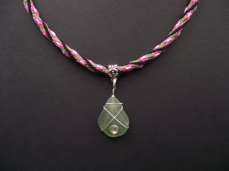 Wire Wrapped Guernsey Green Sea Glass & Handwoven Kumihimo Braid Necklace