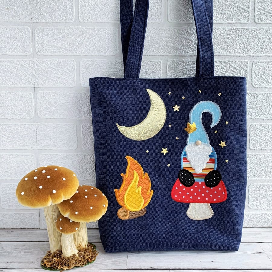 SALE Gnome Sitting on Mushroom Tote Bag