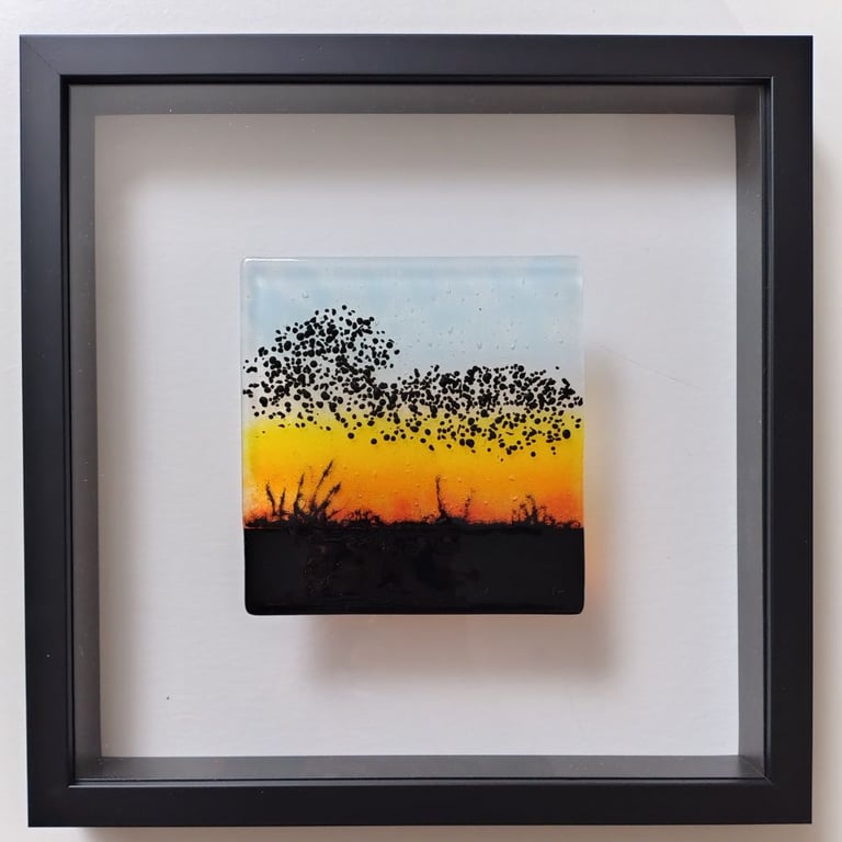 Starling Mumuration - Original Fused Glass Wall Art Picture, Sunset Landscape
