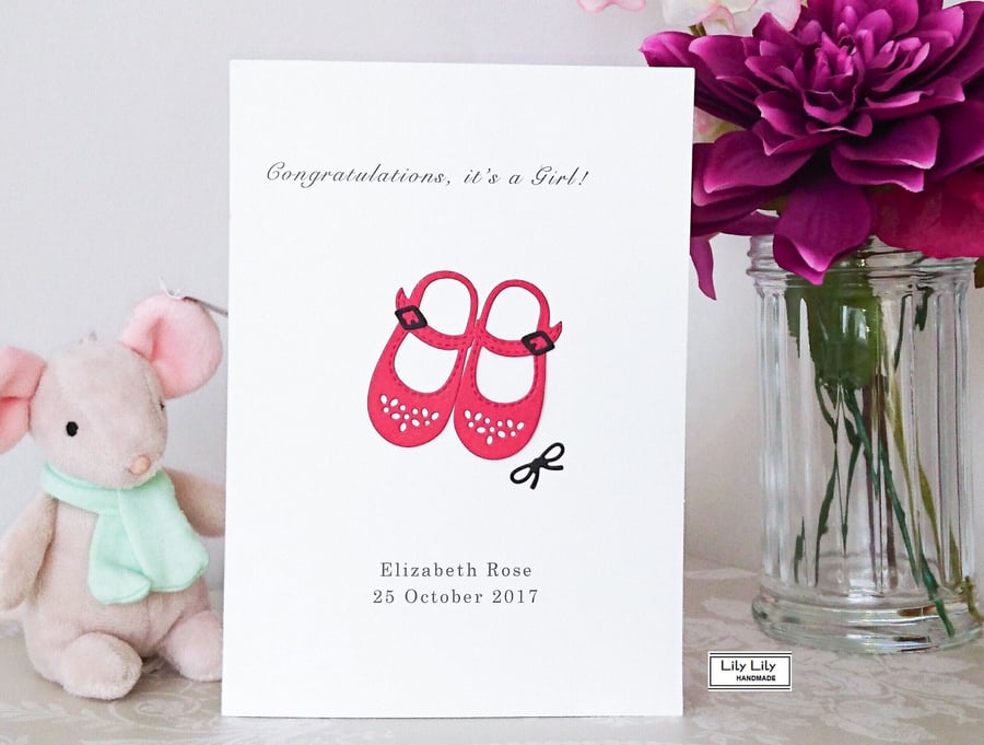 New Baby Girl Card, Red Baby Shoes Design, Handmade, Personalised