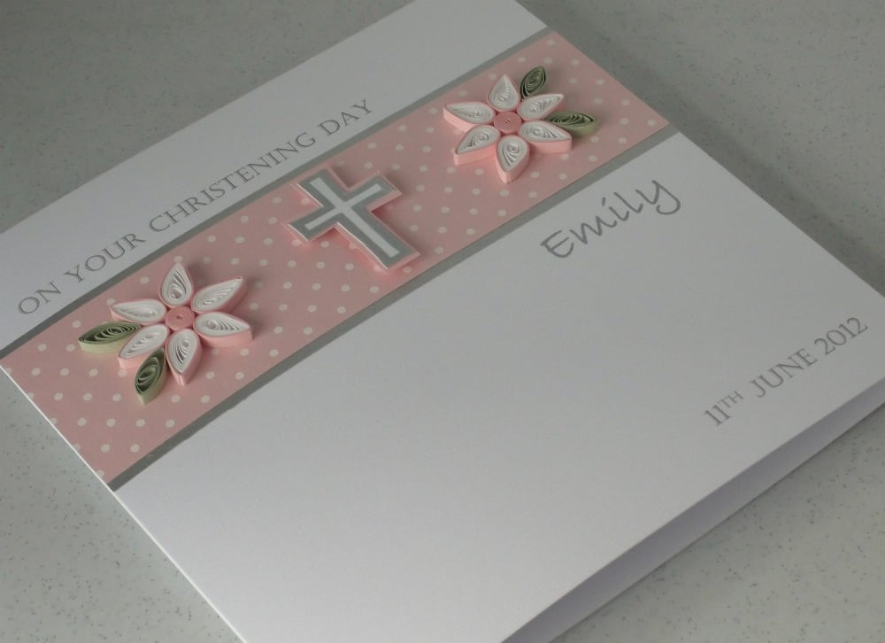 Handmade Christening day congratulations card personalised with paper quilling