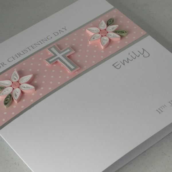 Handmade Christening day congratulations card personalised with paper quilling