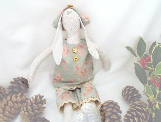 Tilda style polka dot bunny rabbit doll for display, green rose outfit