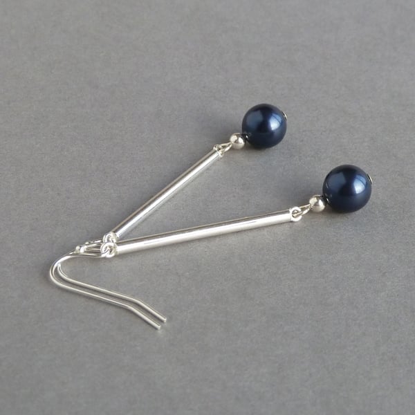 Long Navy Drop Earrings - Sterling Silver Bar & Dark Blue Pearl Dangle Earrings