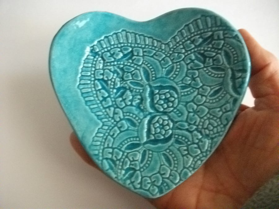 Turquoise heart trinket dish, impressed with vintage lace