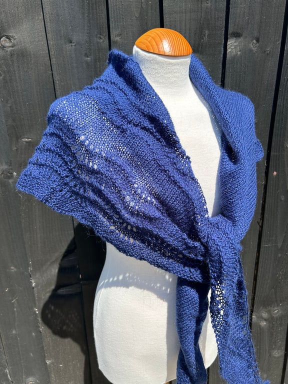 Feather Light Soft Navy Blue Merino Handknitted Lace Shawl Wrap Scarf