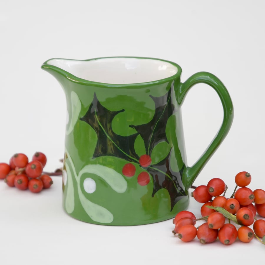 Christmas Green Holly & Mistletoe Milk Jug - Hand Painted
