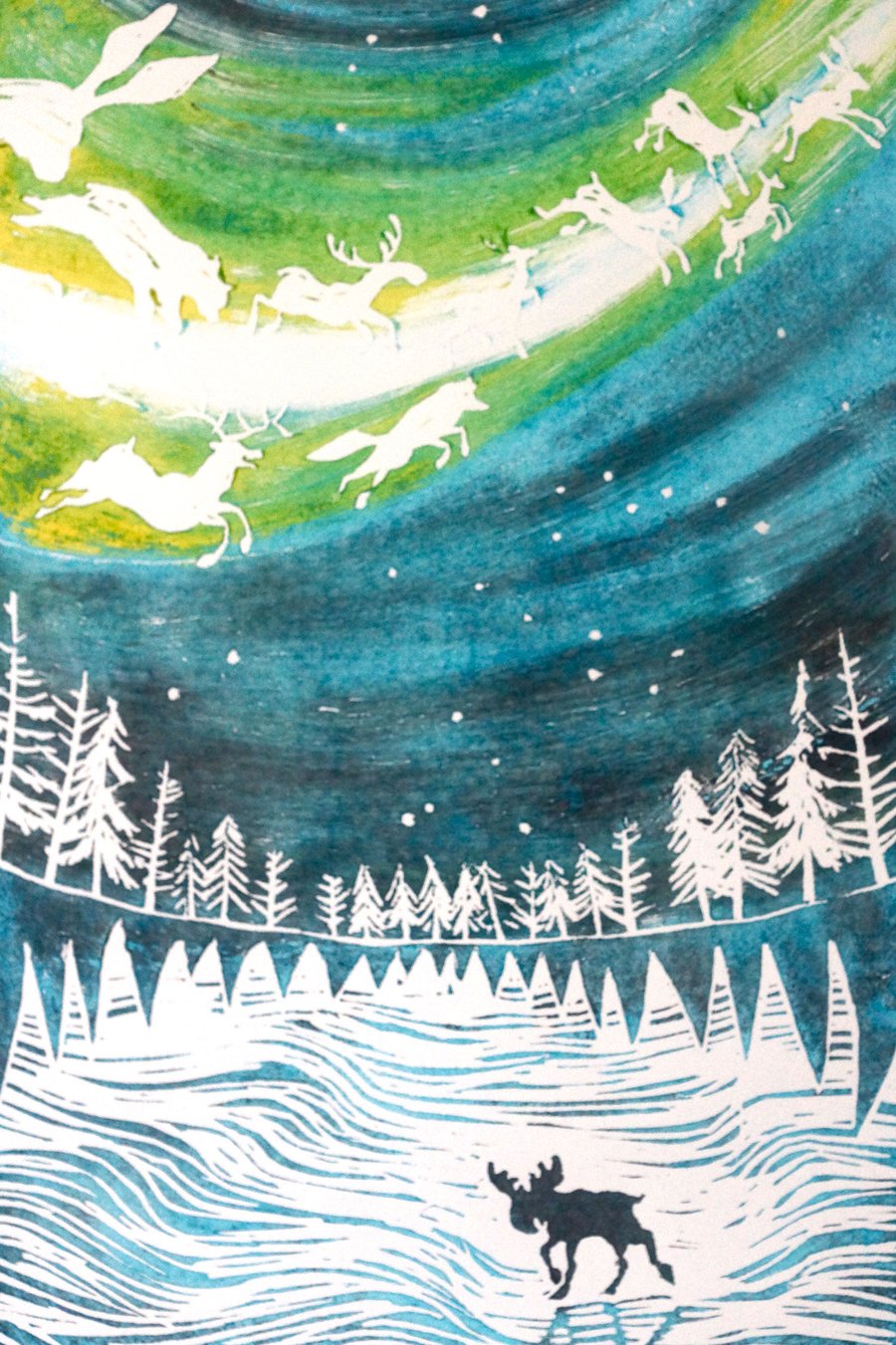 'Sky Full of Magic' Northern Lights Lino Print