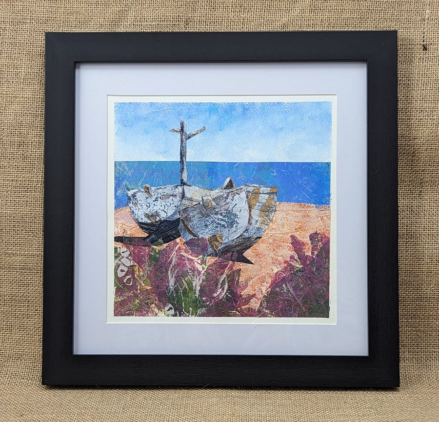 On Southwold Beach collage and mixed media original framed artwork 