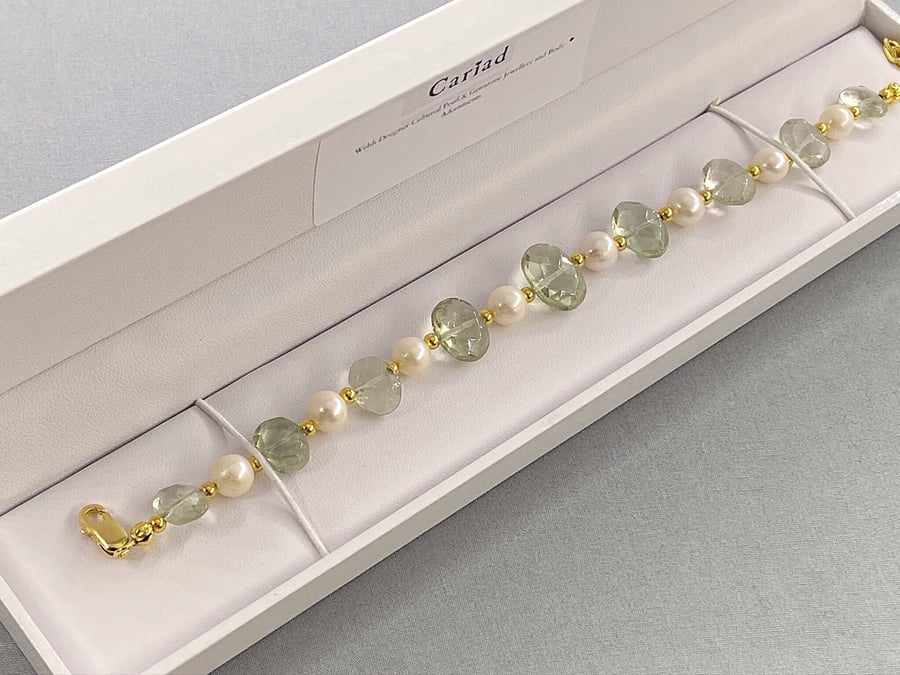 Cultured Pearl & Prasiolite Green Amethyst Gold Filled Adjustable Bracelet