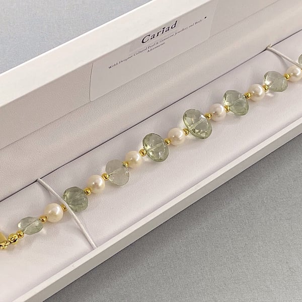 Cultured Pearl & Prasiolite Green Amethyst Gold Filled Adjustable Bracelet