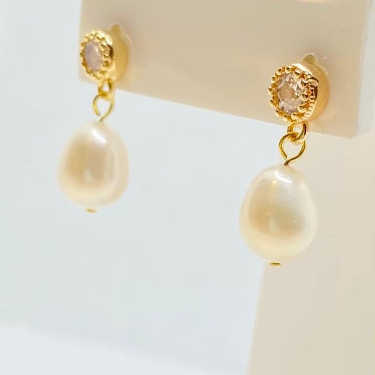 White Oval Freshwater Pearl with Zircon Gold Plated Drop Earrings