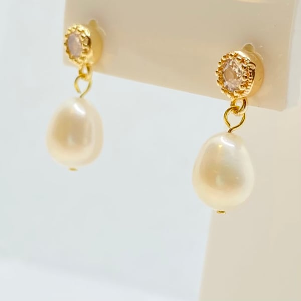 White Oval Freshwater Pearl with Zircon Gold Plated Drop Earrings