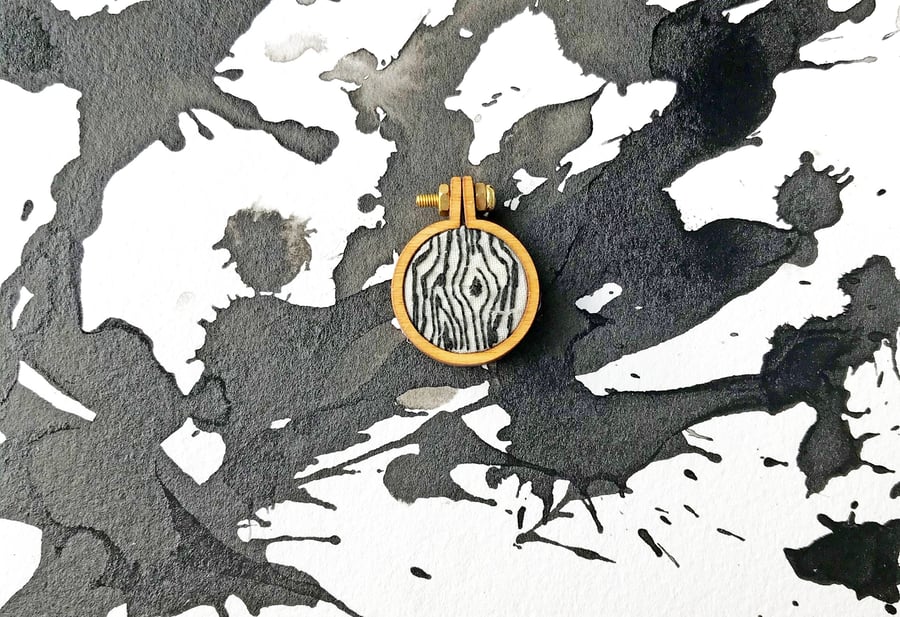 Tree bark mini hoop brooch with hand embroidered illustration 