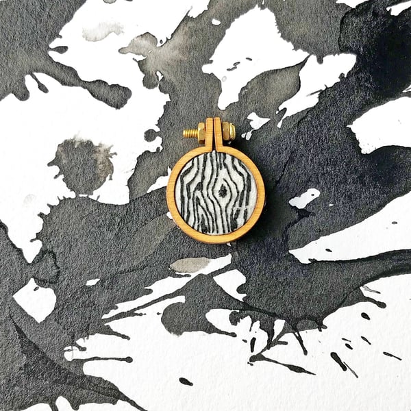 Tree bark mini hoop brooch with hand embroidered illustration 