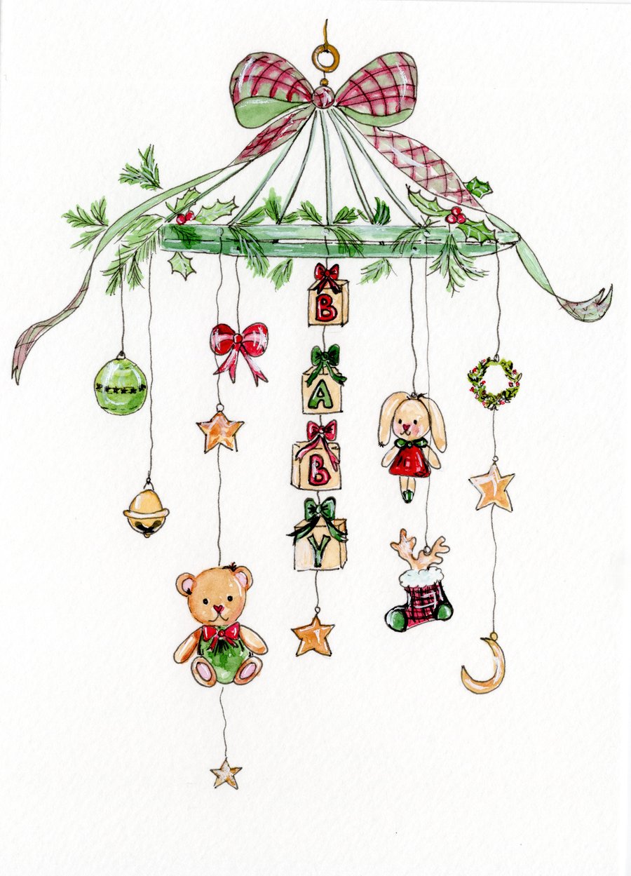 Baby’s First Christmas Card – Baby Mobile with Toys & Letter Blocks