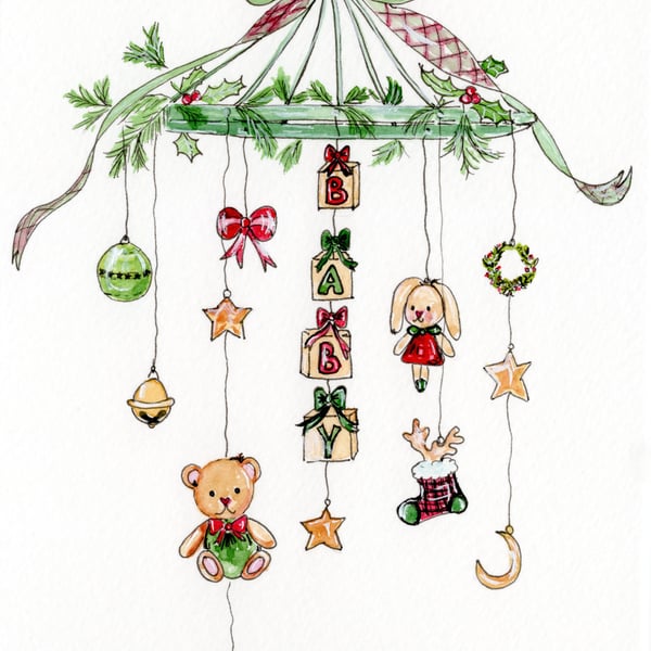 Baby’s First Christmas Card – Baby Mobile with Toys & Letter Blocks