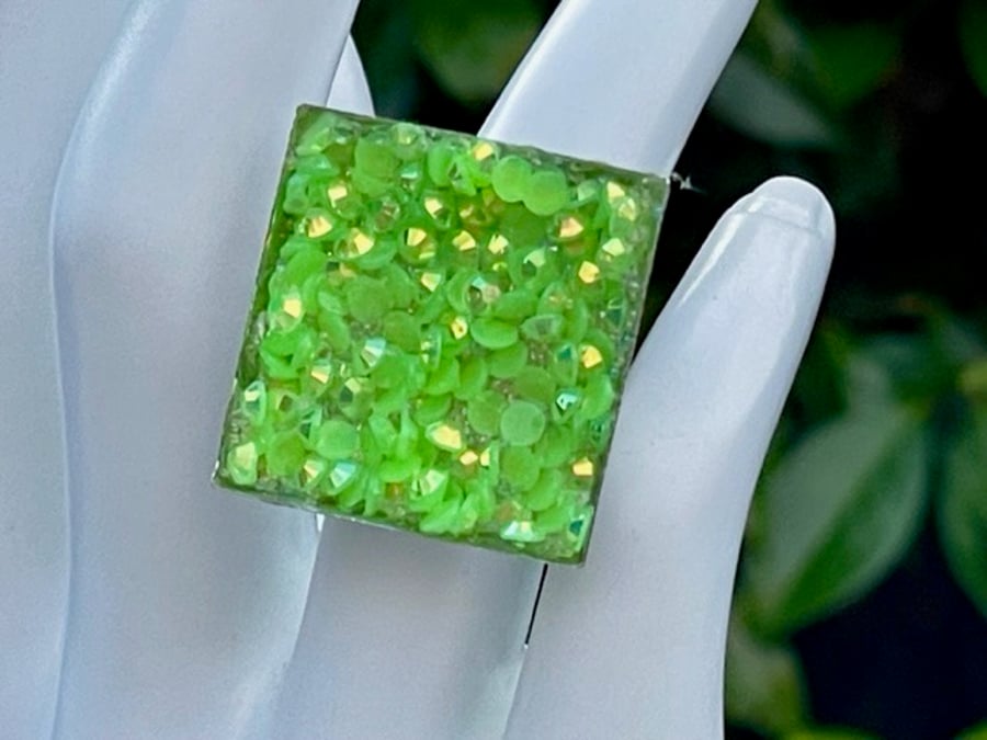 NEON GREEN PAVE CRYSTAL RING silver square adjustable fits all sizes 