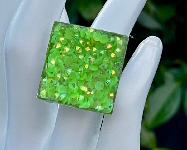 NEON GREEN PAVE CRYSTAL RING silver square adjustable fits all sizes 