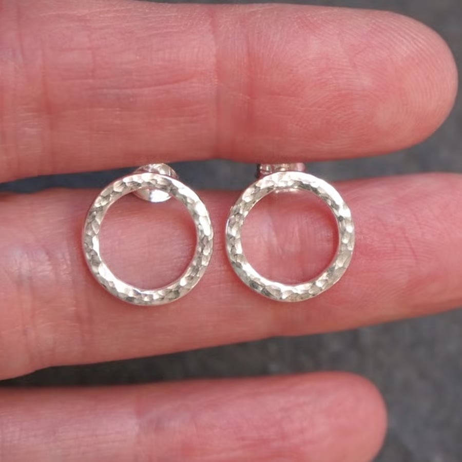 Hammered Sterling silver round hoop stud earrings, recycled Eco-friendly silver