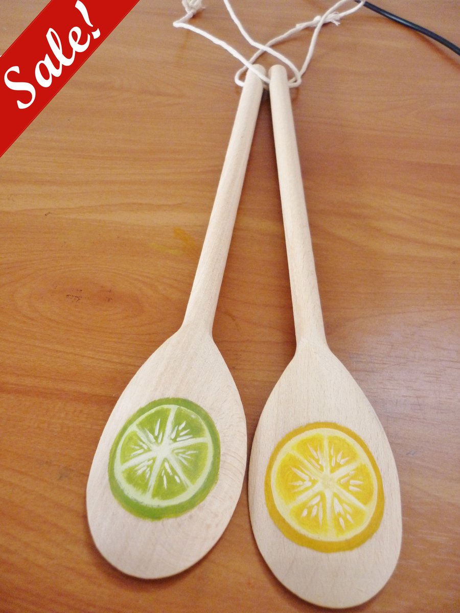 Sale - 33% off! - Lemon and Lime Decorative Wooden Spoons - Pair
