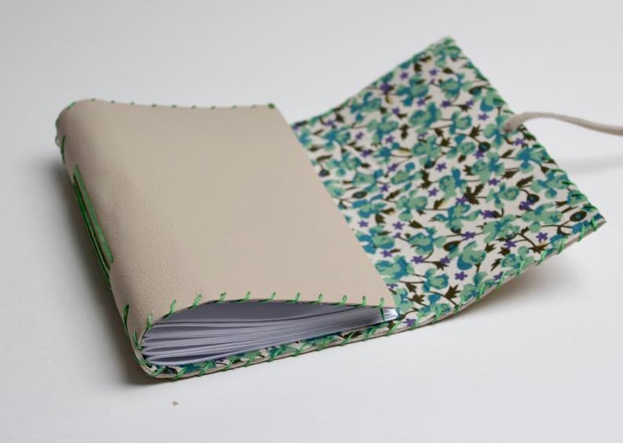 A6 Fold Over Cream Leather handmade notebook floral fabric lining plain paper 