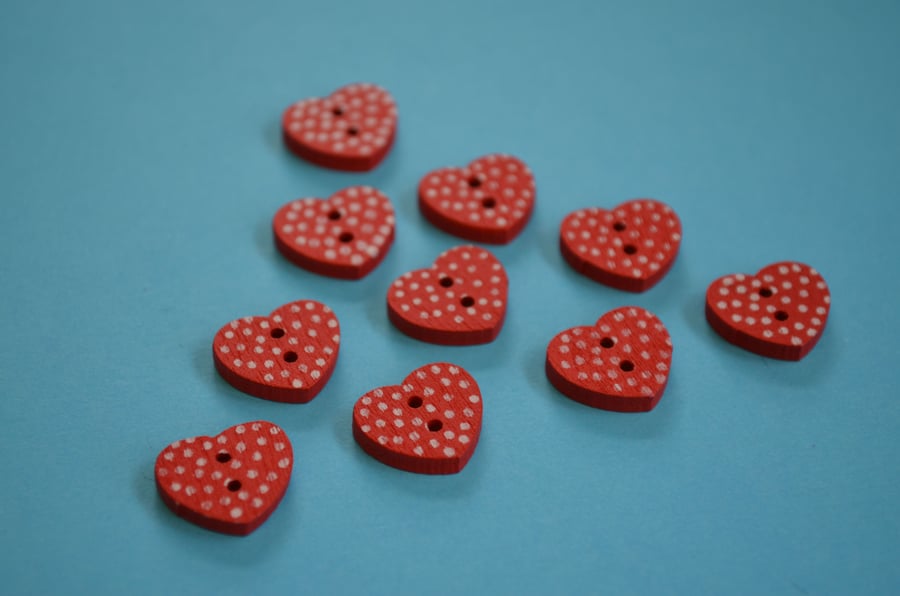 Little Wooden Dotty Heart Buttons Red 10pk Spotty Dot Colourful 13x15mm (WH3)