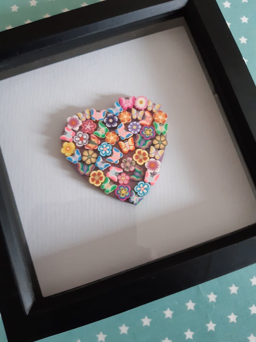 Polymer clay decorated heart in box frame