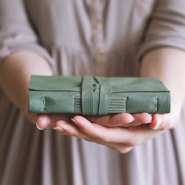 Leather Book - Sage Green - Handbound Leather Journal - 6 x 4 - Blank