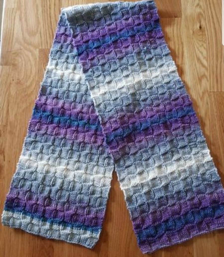 Handmade knitted scarf graduated purple grey white green