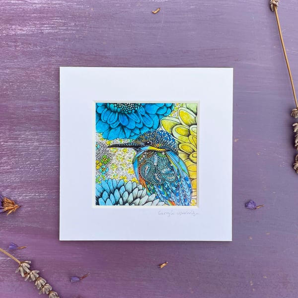 'Kingfisher Floral' 5" x 5" Mounted Print