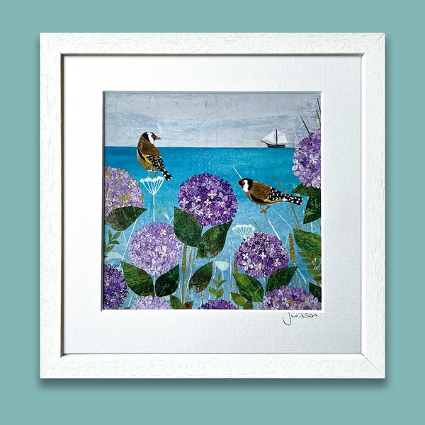 Goldfinches and Hydrangeas Framed Coastal Print