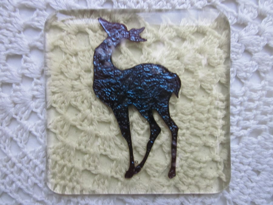 Handmade fused glass coaster - copper deer on pale amber tint
