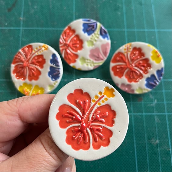 Handmade Ceramic Tropical Hibiscus brooch, Hand Made Badge