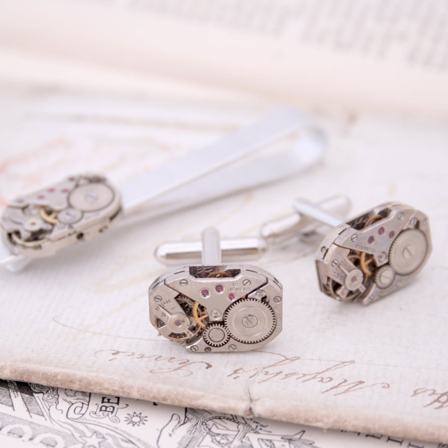 Steampunk Cufflinks and Tie clip set made of Watch Movement