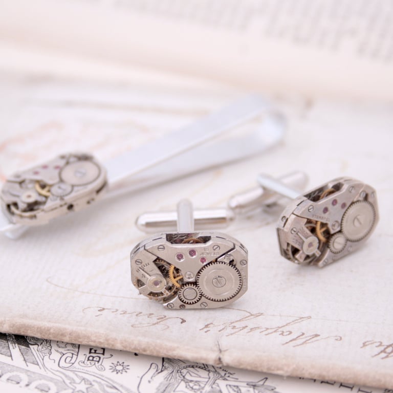 Steampunk Cufflinks and Tie clip set made of Watch Movement