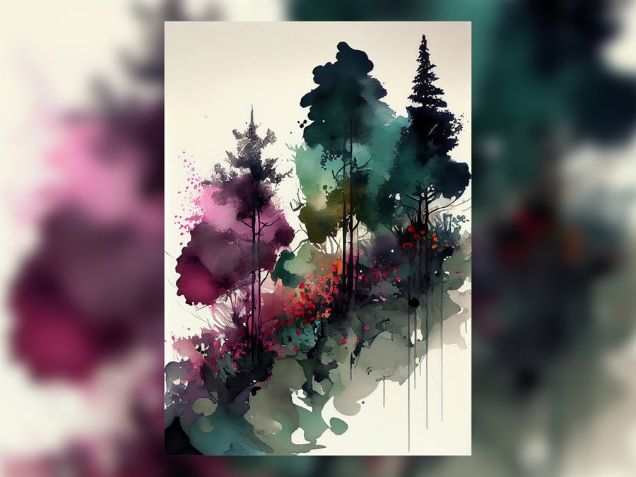 Forest of Pine Trees, Watercolor Painting Print, Nature-themed Art 5"x7"