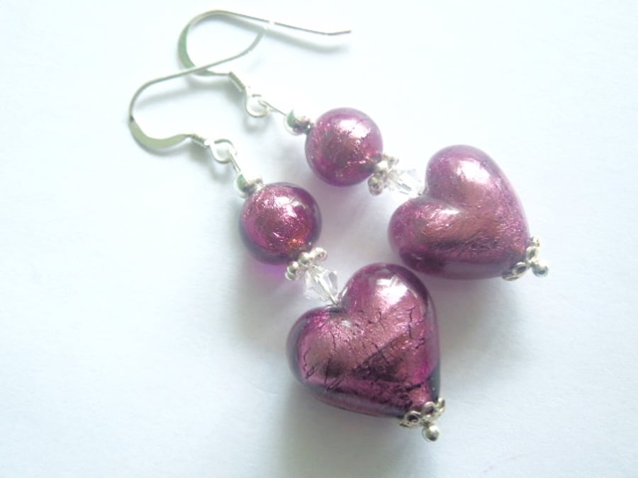 Purple Murano glass handmade heart earrings with Swarovski crystal.