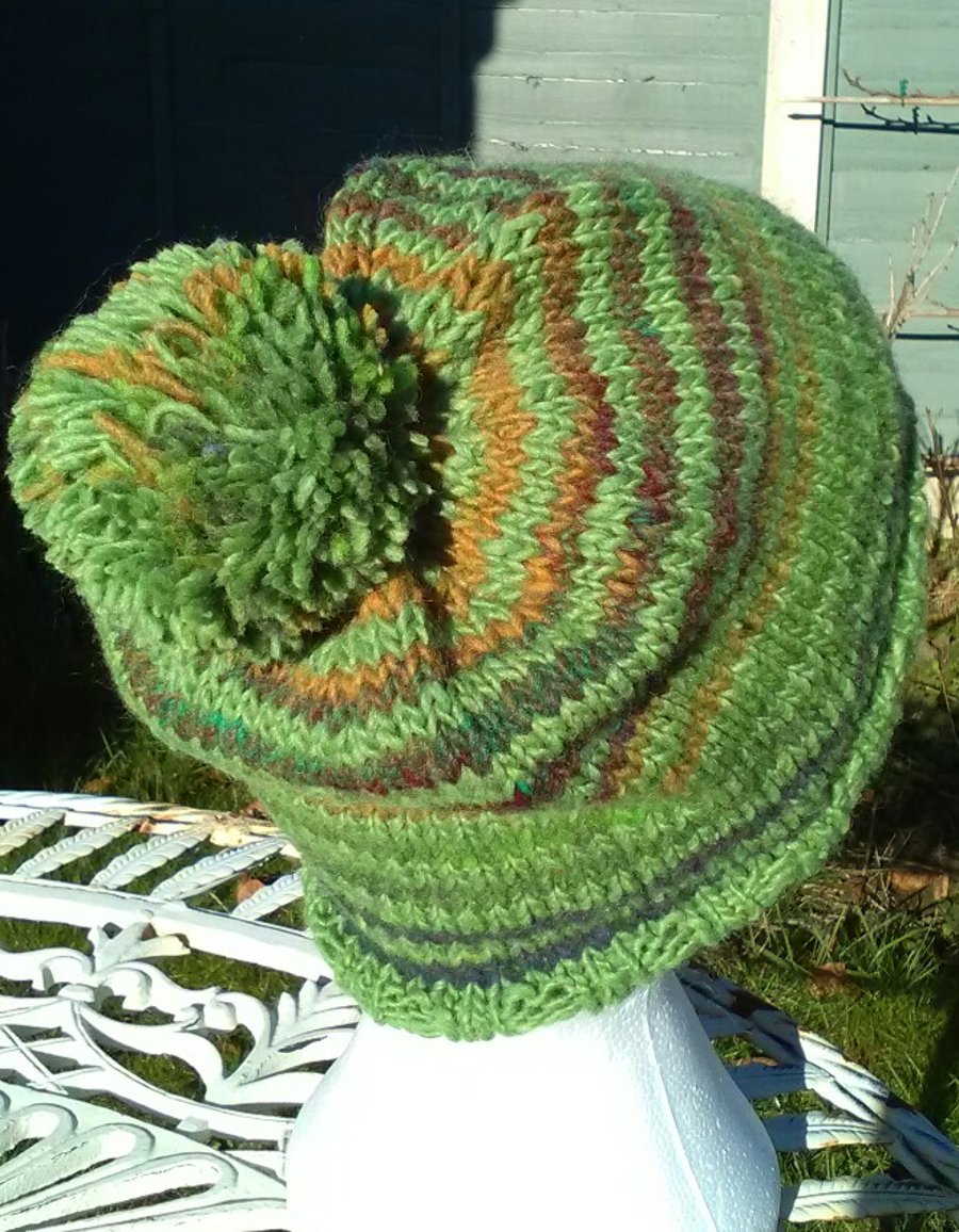 Handknit Noro Stripey Bobble Hat 100% wool Multi Greens Medium