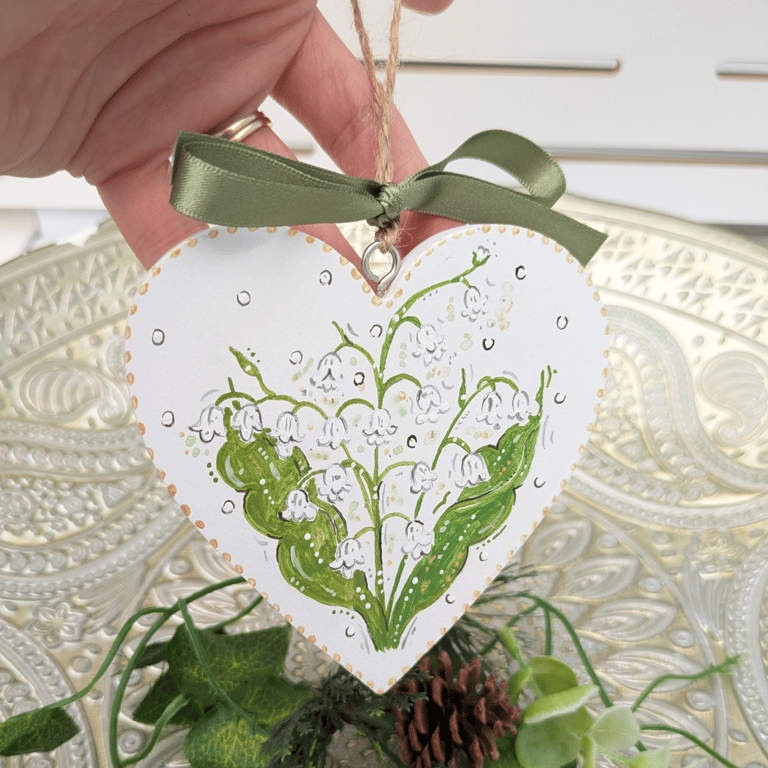 Lily of the valley hand-painted Christmas heart decoration 