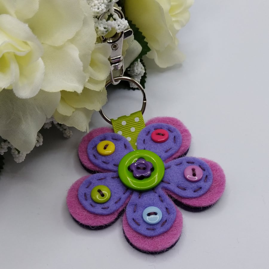 Felt Flower Keyring - Pink and Lilac Keyring embellished with Buttons