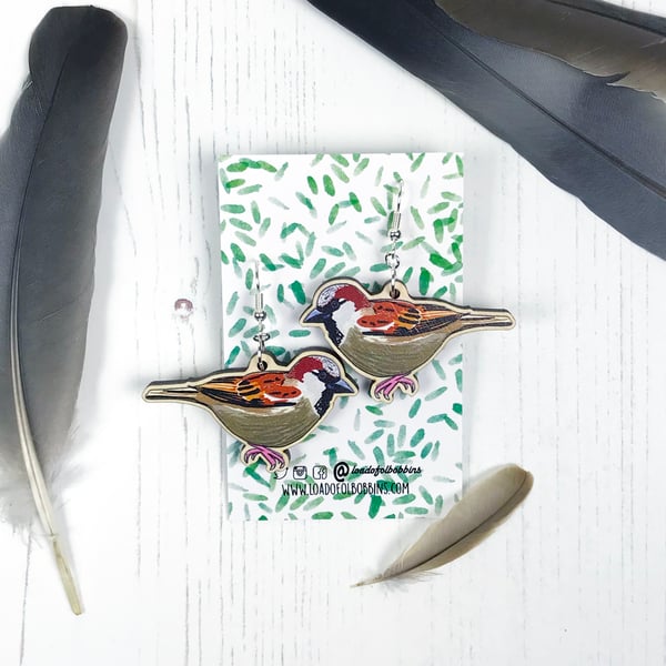 Sparrow Wooden Illustrated Drop Earrings