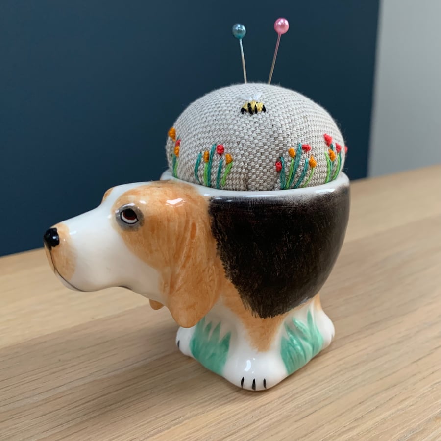 Dog egg cup embroidered pin cushion
