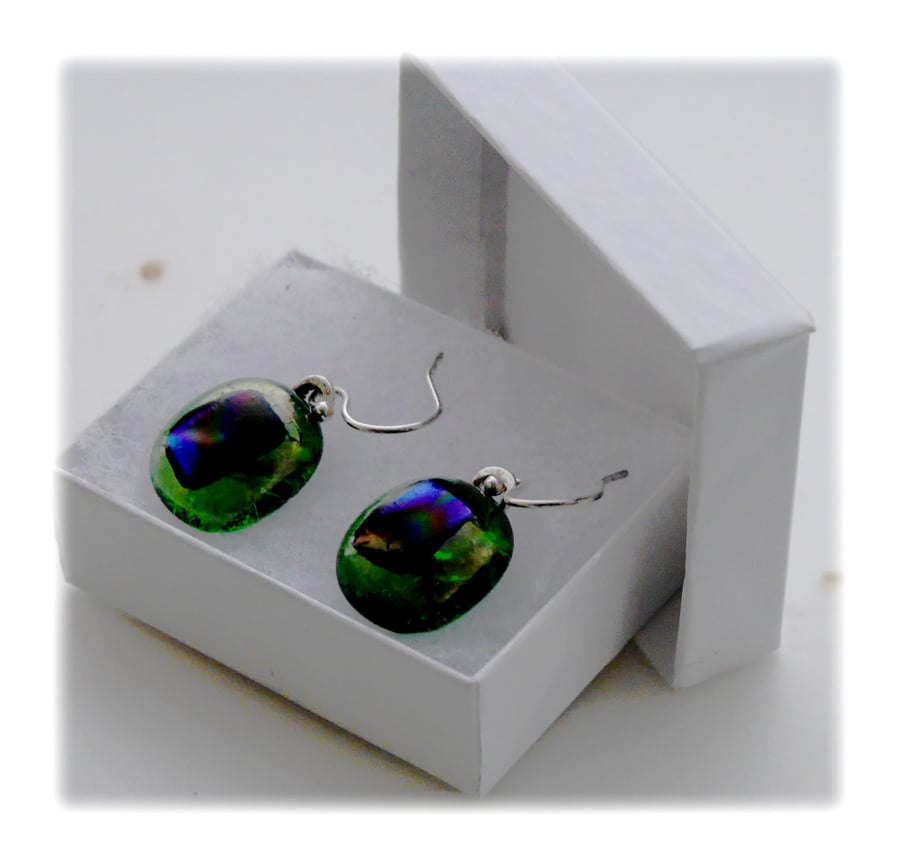 Handmade Fused Dichroic Glass Earrings 094 Green Blue