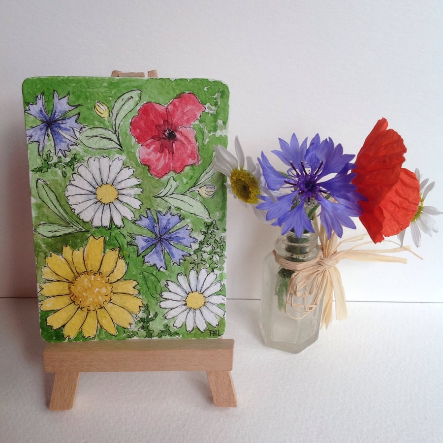 ACEO 'Wildflowers' original watercolour and ink painting