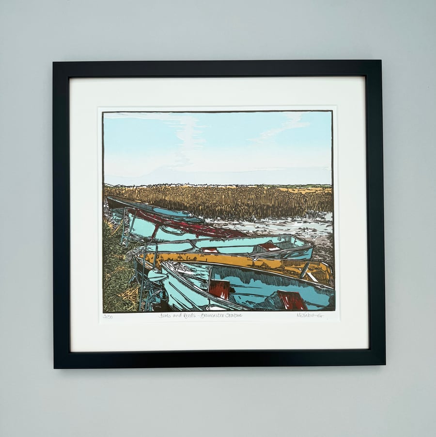 Boats and Reeds- Brancaster Staithe- Linocut Print
