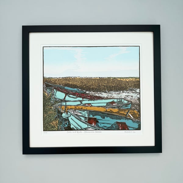 Boats and Reeds- Brancaster Staithe- Linocut Print