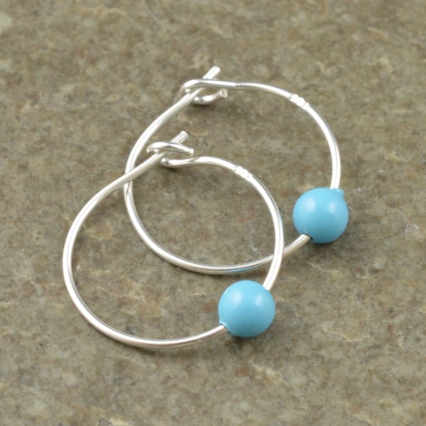 Boho 4mm Turquoise Swarovski Crystal Pearl 15mm Sterling Silver Hoop Earrings