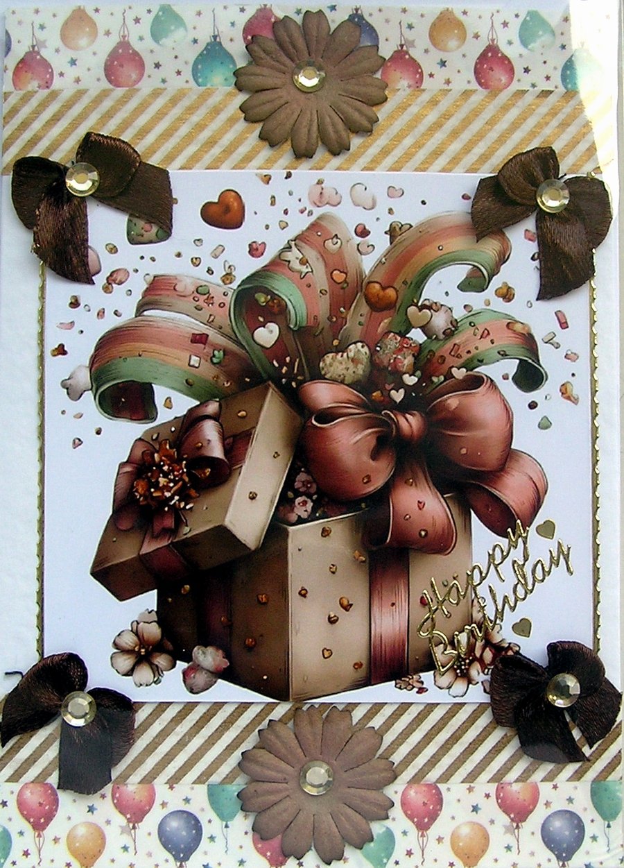Ribbon Surprise Box - Hand Crafted Decoupage Card - Happy Birthday (3791)