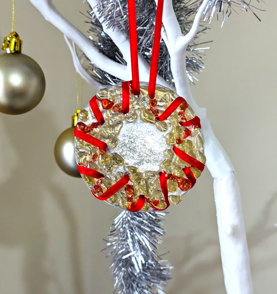 Fused Glass Red and Gold Christmas Wreath Hanging Decoration